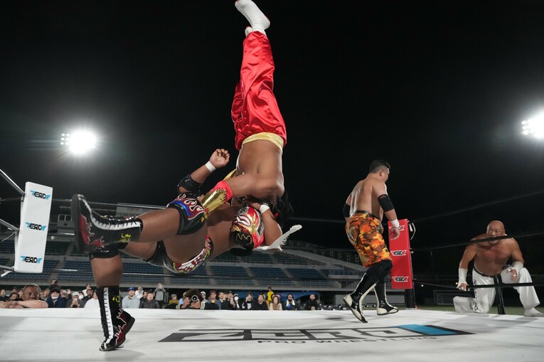 田中将斗のブレーンバスターを浴びるハヤブサ　©Essei Hara