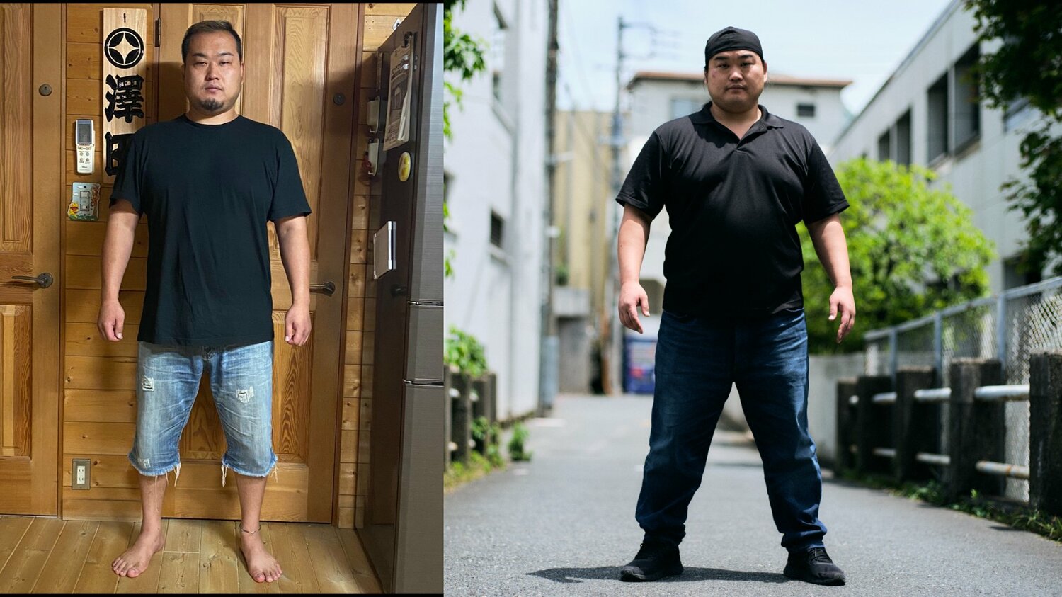 飲食店勤務時代の体重90kg前後（左）。クランクアップした時は約130kgに増量した（右は現在の澤田さん）　©︎Yuki Suenaga