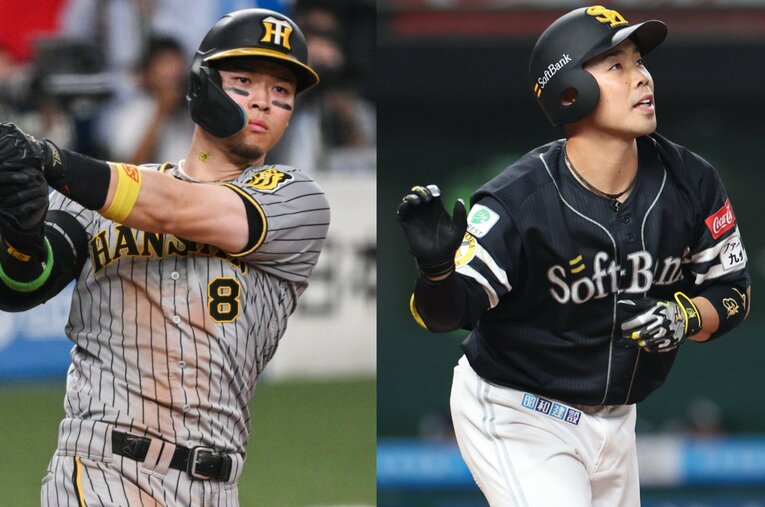 昨オフにシアトルのドライブラインを訪れたという阪神の佐藤輝明と一昨年からトレーニングを積むソフトバンクの近藤健介　 ／ photograph by (L)Nanae Suzuki、(R)JIJI PRESS