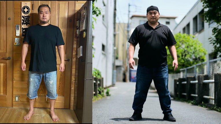 飲食店勤務時代の体重90kg前後（左）。クランクアップした時は約130kgに増量した（右は現在の澤田さん）　©︎Yuki Suenaga