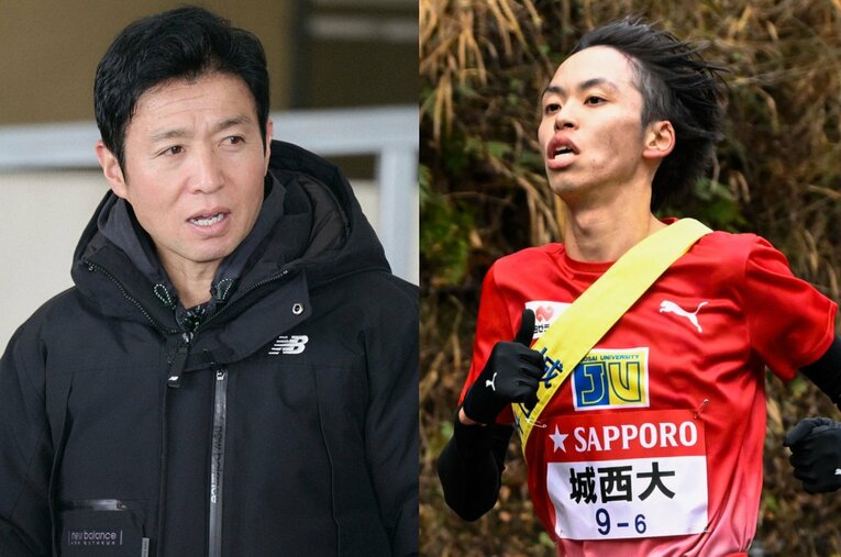 大躍進で大学史上最高順位の3位に入った城西大の櫛部静二監督（左）。6区を走った久保出雄太（3年）は同好会出身の異色の経歴 ／ photograph by L)Yuki Suenaga、R)Nanae Suzuki