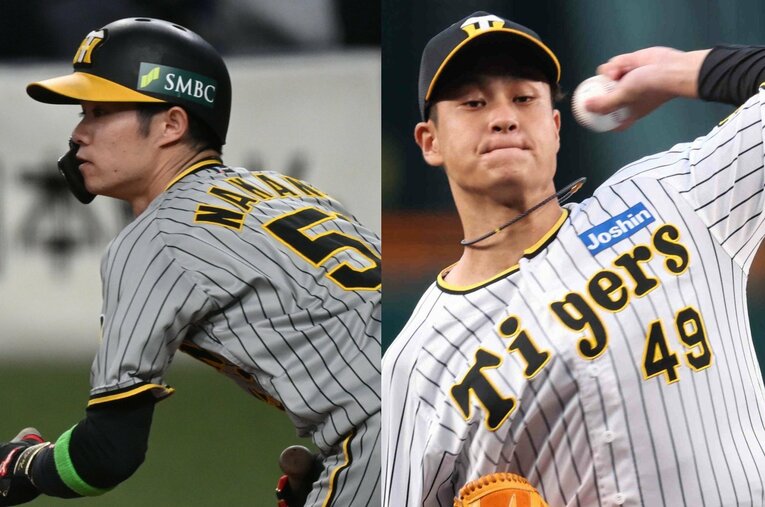 WBCにも出場した中野拓夢は今季からセカンドにコンバート。現役ドラフトでソフトバンクから移籍の大竹耕太郎は12勝の大活躍 ／ photograph by （左）Naoya Sanuki／（右）JIJI PRESS