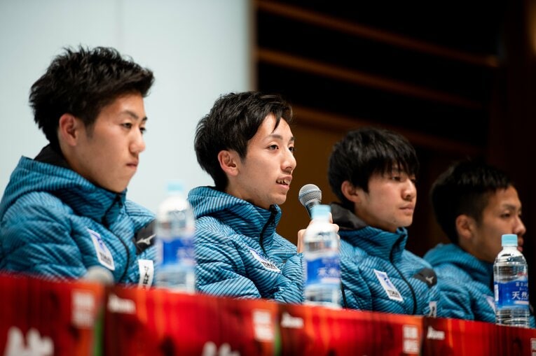 東海大の優勝会見での8区・小松陽平　©Yuki Suenaga