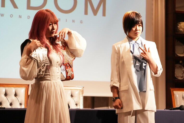 6月5日、中野たむとのタイトルマッチの記者会見に臨んだMIRAI