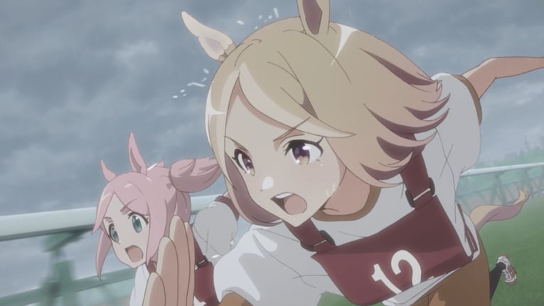 雨ながらも稍重のコンディションを作中では再現。ちなみにゼッケンの色と番号も実際のレースと同じだ　©Cygames, Inc.