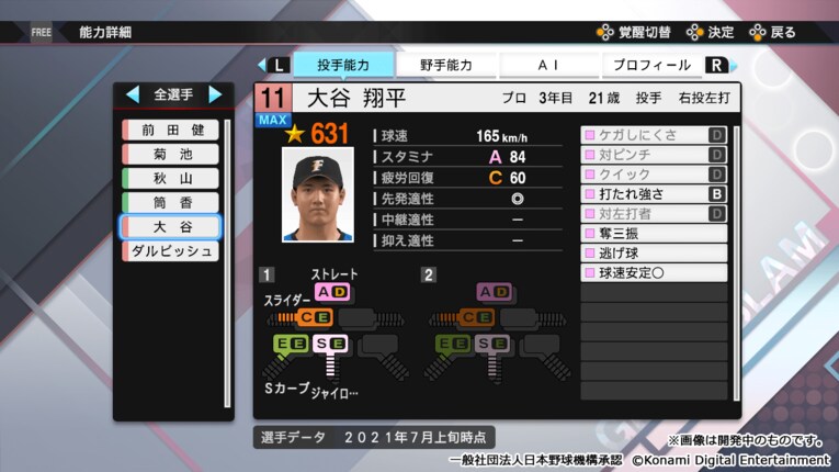 「覚醒」時の大谷翔平投手の能力値。総合値は驚異の「631」（提供写真）