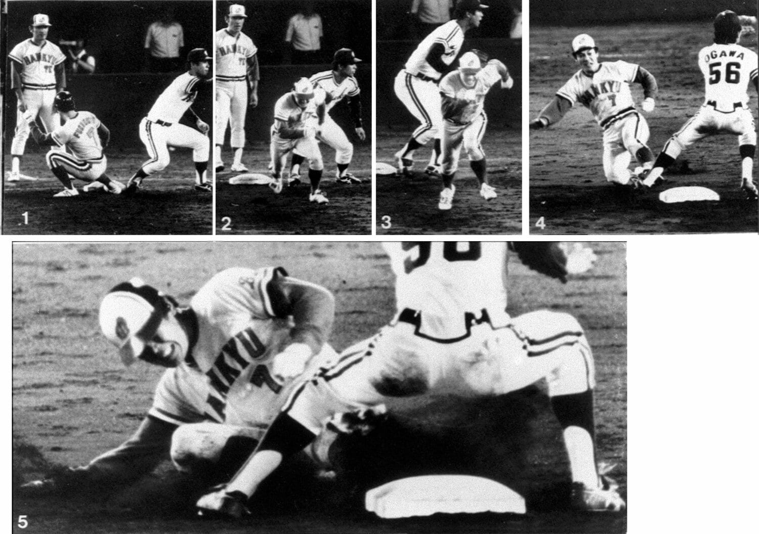 福本の通算1000盗塁の瞬間。(1)一塁けん制で帰塁→(2~5)そこから即座にスタートを切ってセーフになるという神業だった ©Kyodo News