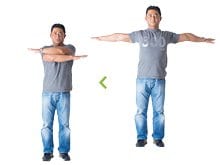 手の平を下に向けて腕を横に伸ばし、体の前で腕をクロス。肩甲骨の動きを意識して20回。