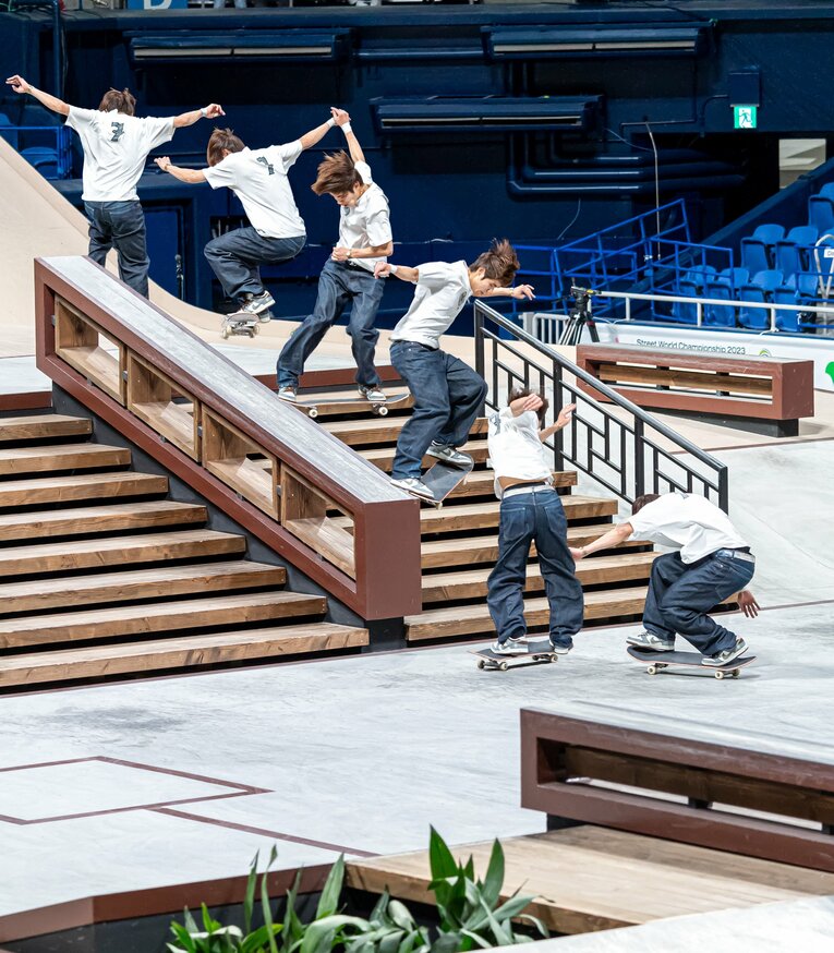 写真のユウトルネードに代表されるように、ノーリーから背中側に回転する技を得意としている　©︎Yoshio Yoshida／World Skate