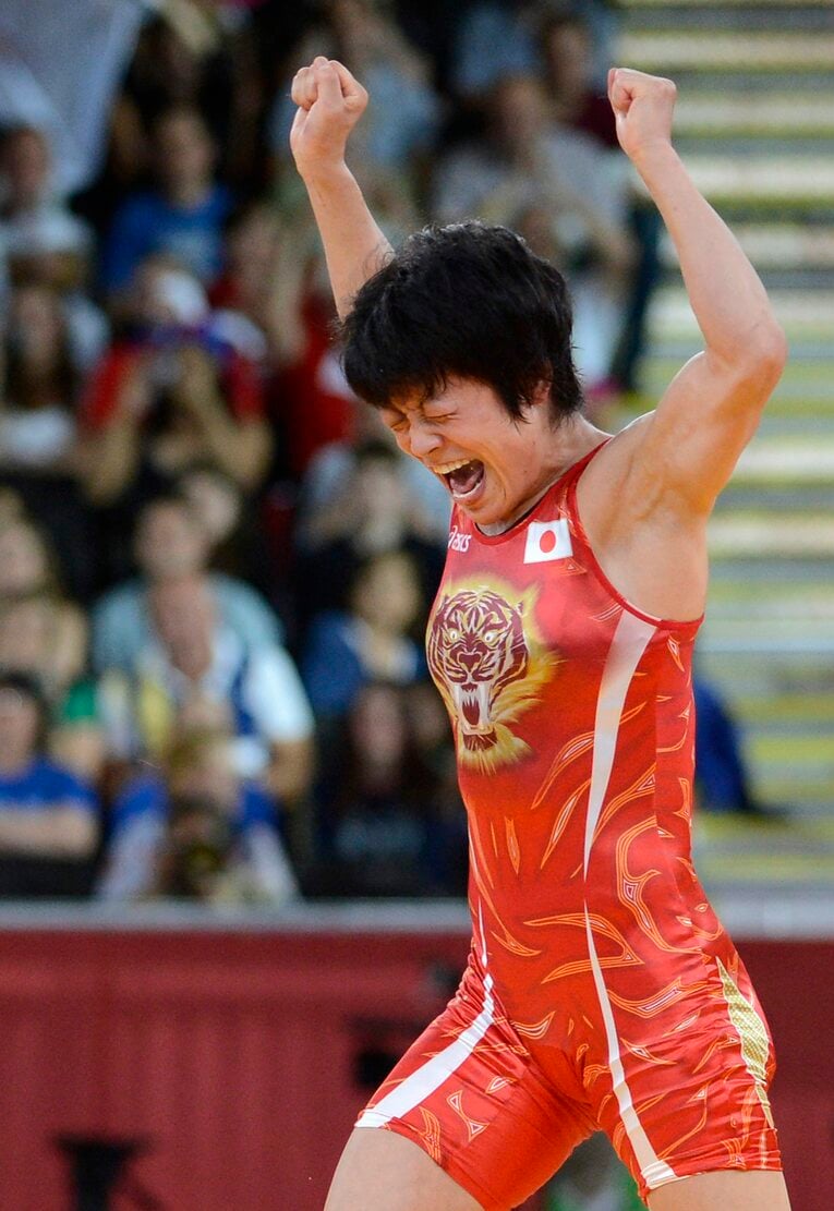 ロンドン五輪で金メダルを獲得した瞬間の小原さん　©JIJI PRESS