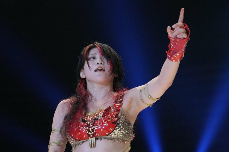 7月31日、朱里に初めて勝利した林下詩美。スターダムの頂点「赤いベルト」をめぐる戦いが続くなか、「IWGP女子王座」の新設が発表された ／ photograph by Essei Hara