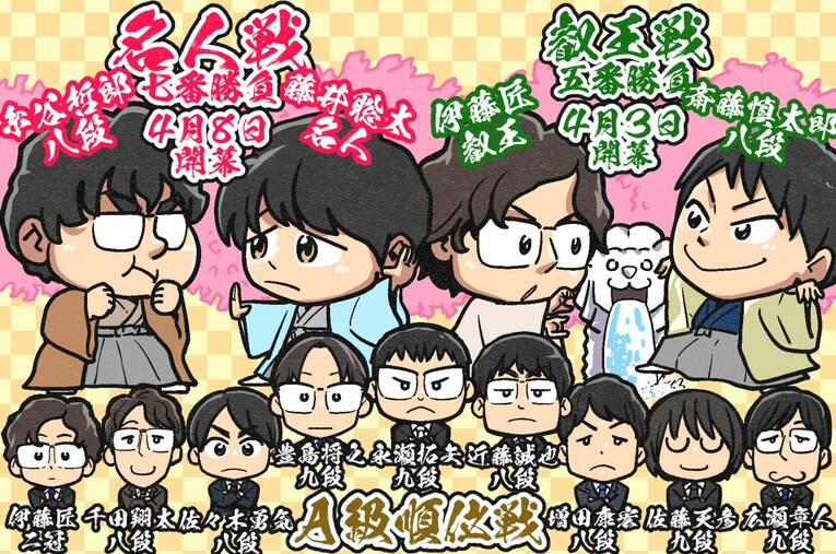 2026年3月の将棋ハイライト（全3枚中の2枚目。イラストは右に続きます）　©Junsei Chida