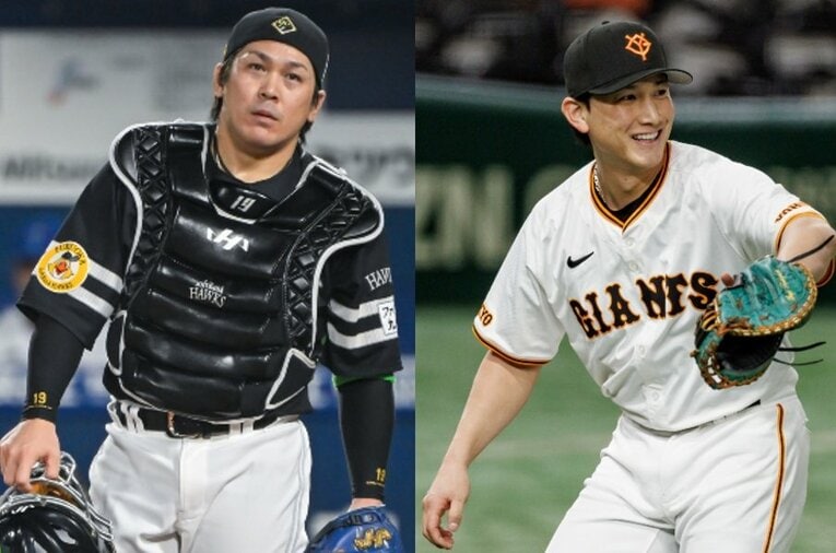 球界No.1捕手の甲斐拓也（右）をソフトバンクから獲得した巨人。今季は44試合の出場に留まった小林誠司は人的補償の候補とされている　©Nanae Suzuki/Kiichi Matsumoto