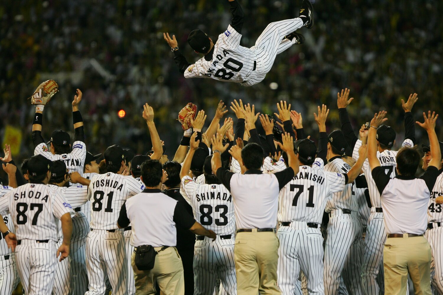2005年、リーグ優勝を果たした阪神。胴上げされる岡田彰布・当時監督 ©Koji Asakura