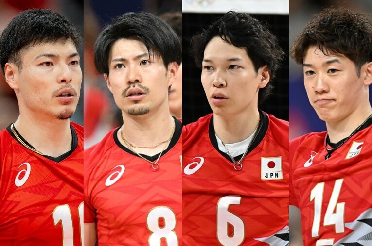 （左から）高橋健太郎、関田誠大、山内晶大、石川祐希 ／ photograph by Getty Images、Naoya Sanuki/JMPA、Kaoru Watanabe/JMPA