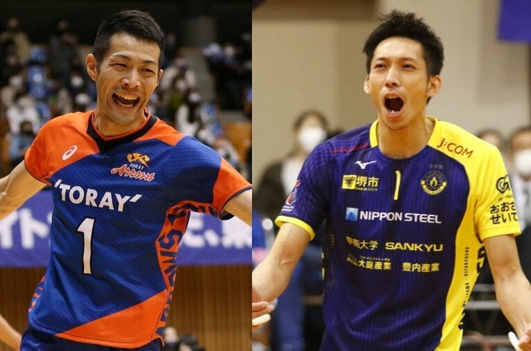 昨シーズン限りで引退し、現在はスタッフとして東レアローズを支える富松崇彰さん（左、38歳）。目標としてきた松本慶彦（堺ブレイザーズ）は41歳となった今季もコートに立ち続けている ／ photograph by TORAY ARROWS／BLAZERS SPORTS CLUB