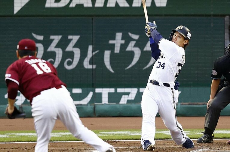 田中将大から3ランを放った吉田正尚。これだけのフルスイングなのに三振は少ないという恐るべき打者だ ／ photograph by Kyodo News