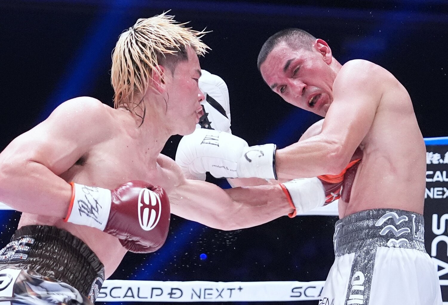 強烈な左ボディを叩き込む那須川天心。エストラーダの肋骨を折るほどの破壊力だった　©Naoki Fukuda