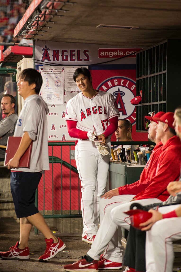 2018年シーズンの大谷翔平（メジャー1年目）。今季と比較すると、体の線は細かった
