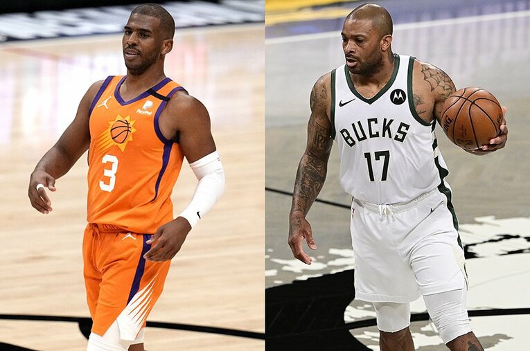 ともに今年で36歳、幼い頃からの友人だというサンズのクリス・ポールとバックスのPJ・タッカー。NBAファイナルの舞台で笑うのはどちらか ／ photograph by Getty Images
