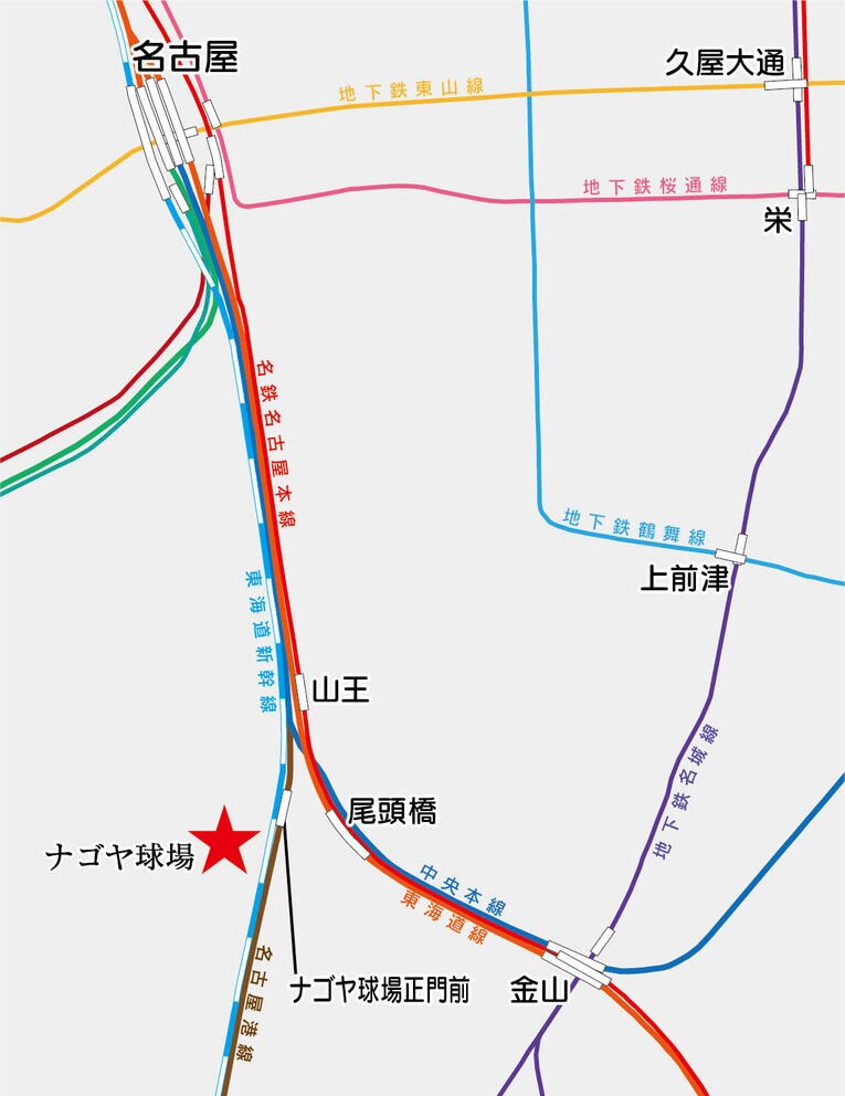今回の路線図。尾頭橋からナゴヤ球場までは徒歩約10分。そして新幹線の線路のすぐ近くにナゴヤ球場正門前駅跡がある
