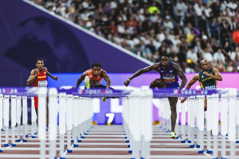 【東京世界陸上】110mハードル予選を走る村竹ラシッド（JAL）　©Kiichi Matsumoto
