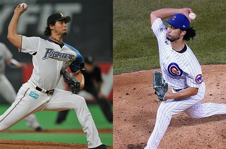 2011年の日本ハム時代（左）と今年のカブス時代。ダルビッシュのピッチングは言い知れぬカッコよさがある ／ photograph by Hideki Sugiyama/Getty Images
