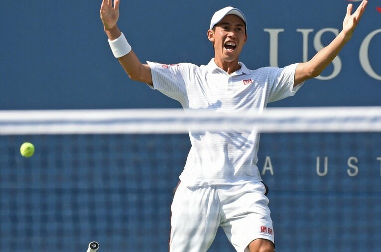 2014年全米オープン準決勝でジョコビッチに勝利した瞬間の錦織圭 ／ photograph by AFP/JIJI PRESS