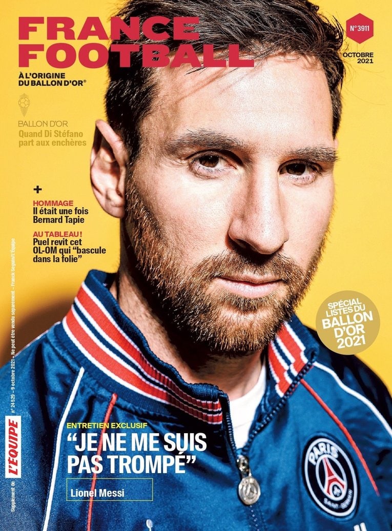 メッシがバロンドール特集の表紙を飾った『フランス・フットボール』誌10月号。6月から月刊化し、表紙のデザインも一新した