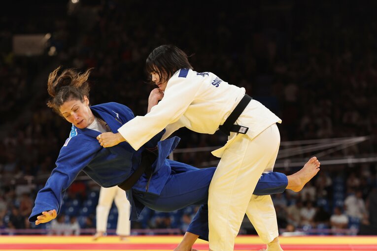 混合団体戦、準決勝ドイツ戦の新添左季　©Tetsuya Higashikawa/JMPA