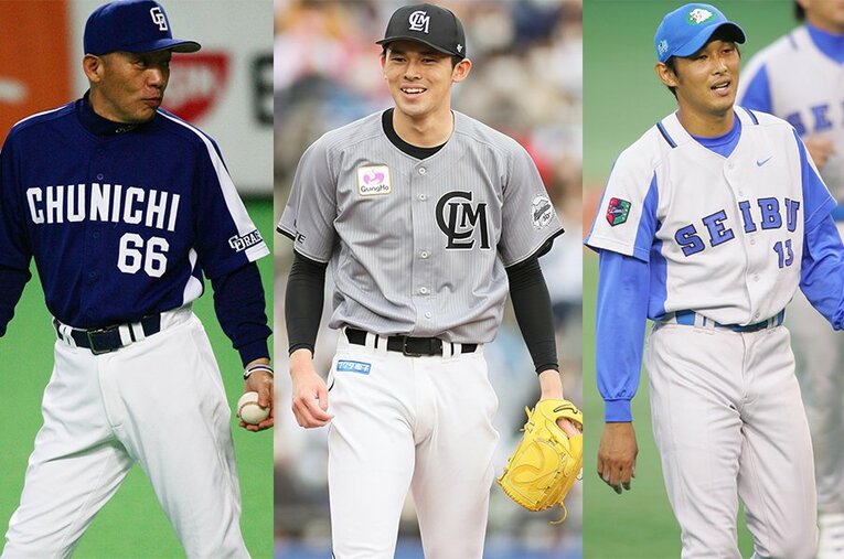 中日時代の落合博満監督と佐々木朗希、現役時代の西口文也。「幻の完全試合」で注目を浴びることになった ／ photograph by JIJI PRESS(C),Sports Graphic Number(L,R)