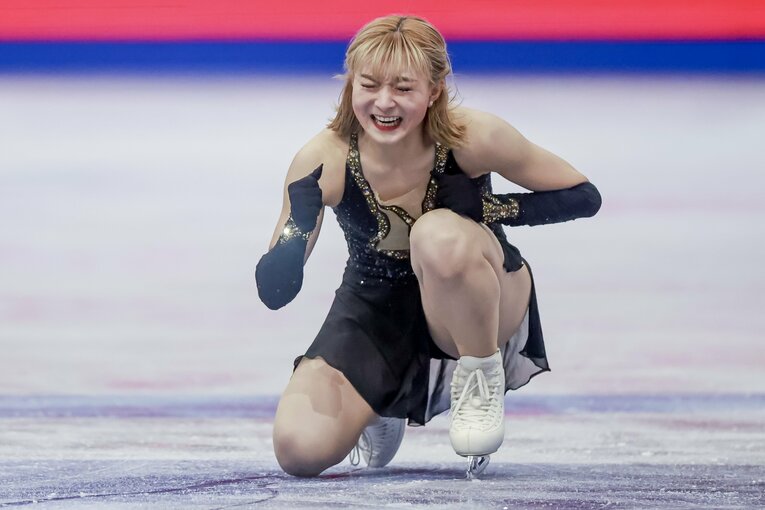 フリーの演技を終えた直後の坂本花織の表情　©JIJI PRESS