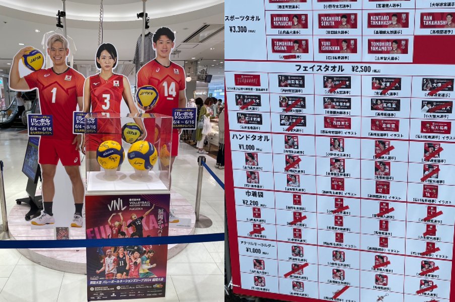 左:駅ビルの中に設置されていた等身大パネル 右:開場してすぐに売り切れるグッズが続出…(筆者撮影)