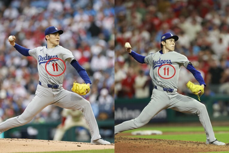 左が4月、右が10月。胸番号を見ると、体の開き具合が異なっているのがわかる　©Yukihito Taguchi(2)