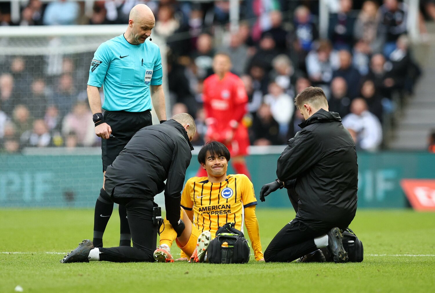 後半アディショナルタイム、チームドクターの治療を受け、途中交代した。試合後に三笘本人は「右足がつっただけ」と語った　©AFLO