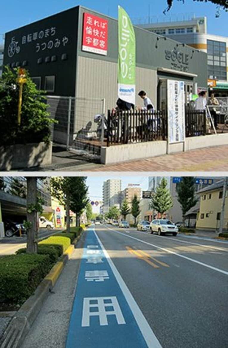 【写真上】 「走れば愉快だ宇都宮」というキャッチフレーズが掲げられる「宮サイクルステーション」。
【写真下】 越戸通りは、とにかく自転車で通行しやすい。一方通行かつ、ガードレールなどで区画されていないのがその大きな理由である。