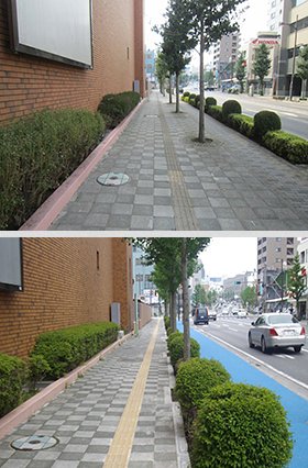 宇都宮市道4号線の自転車専用レーン、開通前(上)と開通後(下)。