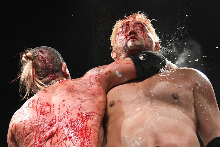 ぶつかり合うたびに血と汗とガラス片が飛び散る