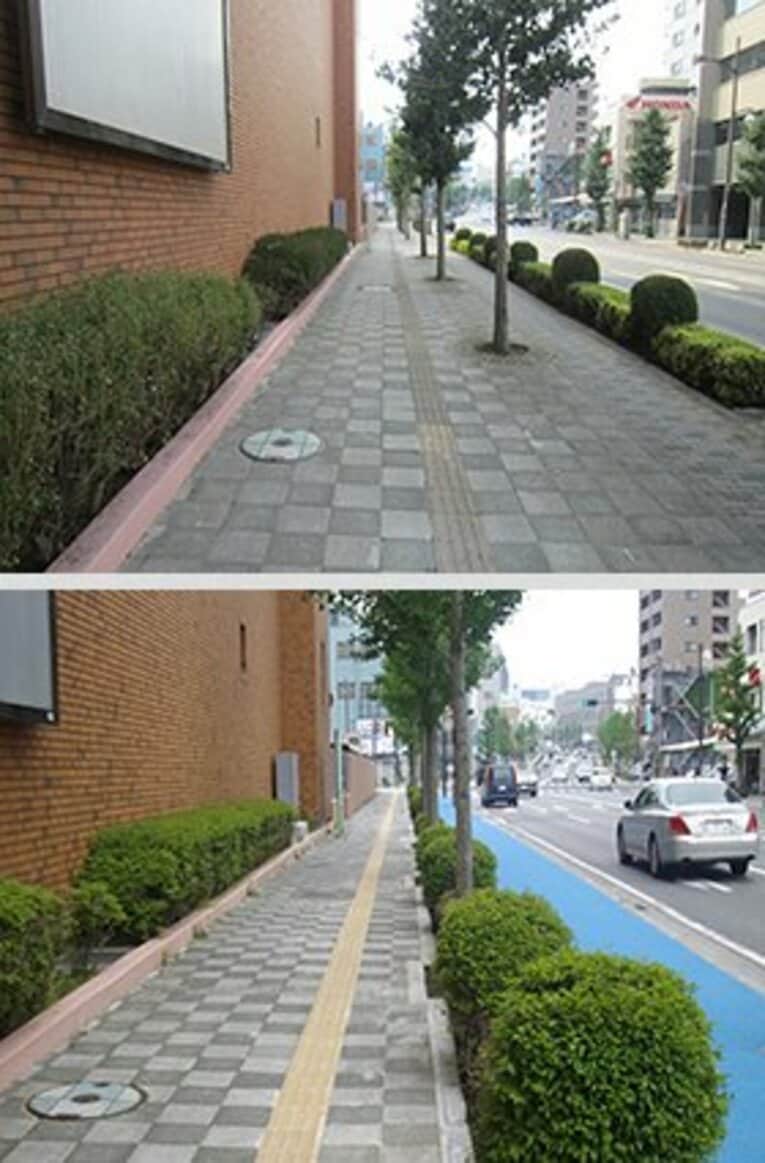 宇都宮市道4号線の自転車専用レーン、開通前（上）と開通後（下）。