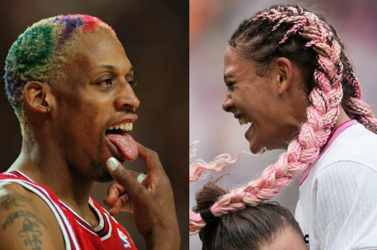 なでしこジャパンから決勝ゴールを奪ったアメリカ代表トリニティ・ロッドマン。父はあのNBAのスター選手だ ／ photograph by  L：AP/AFLO、R：Getty Images