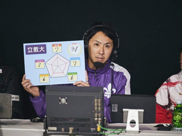 MARCH対抗戦、監督解説席の立教大・高林監督　©Yuki Suenaga