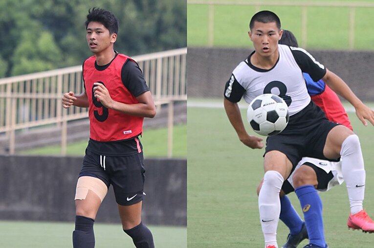 Jリーグのスカウトたちが見守る中、セレクションに参加した鹿屋体育大FW伊藤龍生（左）と東福岡高FW青木俊輔。 ／ photograph by Takahito Ando