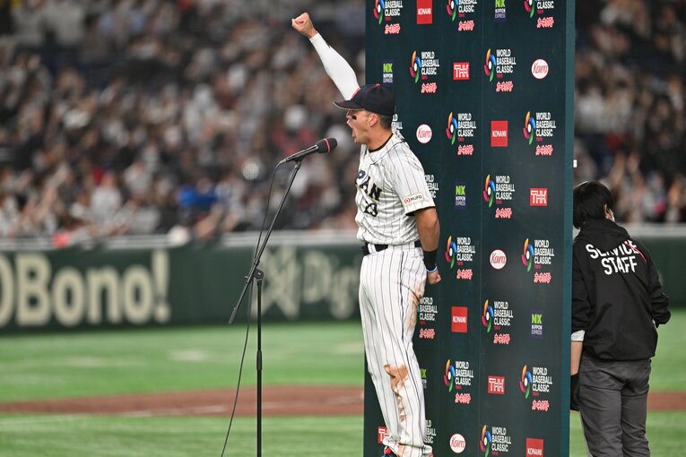 韓国戦後のヒーローインタビューでは雄叫び「ニッポン、アリガトー！」©︎Naoya Sanuki