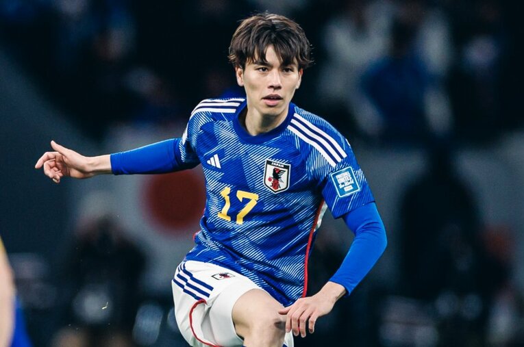 3月21日の北朝鮮戦で決勝ゴールを決めた田中碧。W杯予選という重要なゲームで、またしても持ち前の決定力を発揮した ／ photograph by Kiichi Matsumoto/JMPA