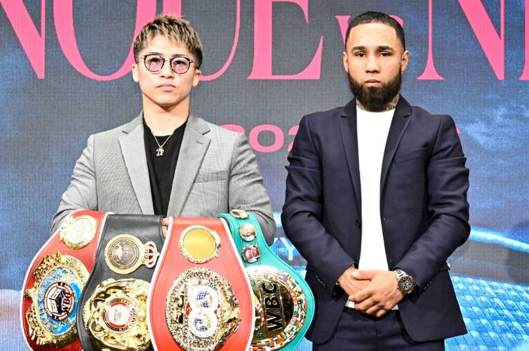 5月6日に東京ドームで対戦する井上尚弥とルイス・ネリ。記者会見では山中慎介さんとネリの“再会”にも注目が集まった ／ photograph by Hiroaki Yamaguchi