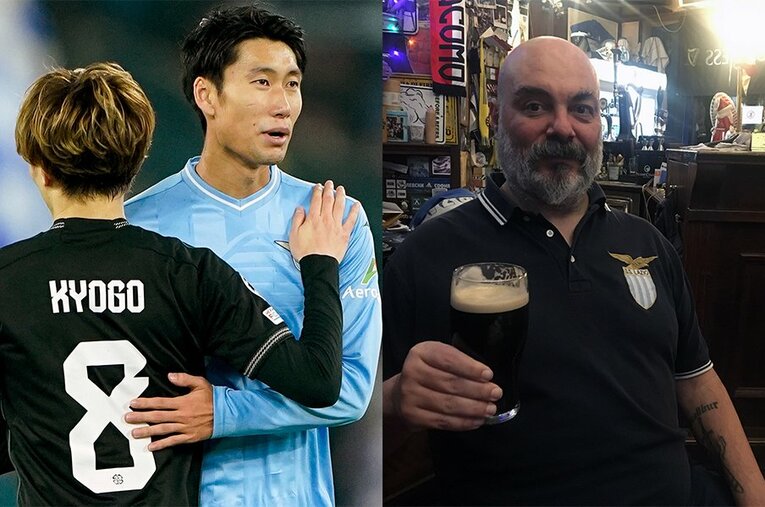 CLセルティック戦後、古橋亨梧と健闘を称え合う鎌田大地。ラツィオサポ御用達パブの店主ジャンルカ・クルヅィさん（52）たちはどう見てる？　©NurPhoto/Getty Images,Takashi Yuge