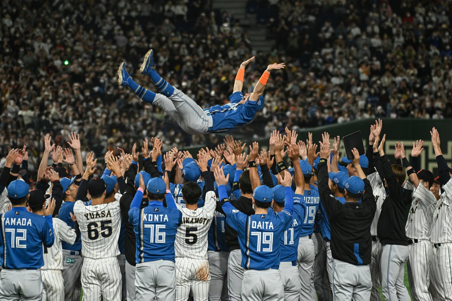 現役最後の打席となった侍ジャパンvsファイターズの強化試合。試合後、両軍の選手に胴上げされた　©︎Nanae Suzuki