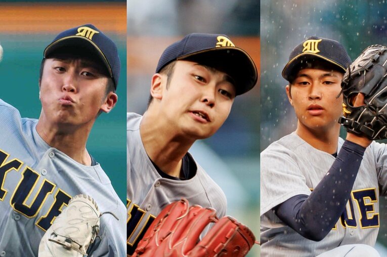 優勝候補の“本命”仙台育英高の「150キロトリオ」。左から湯田統真、高橋煌稀、仁田陽翔 ／ photograph by JIJI PRESS／Kiichi Matsumoto