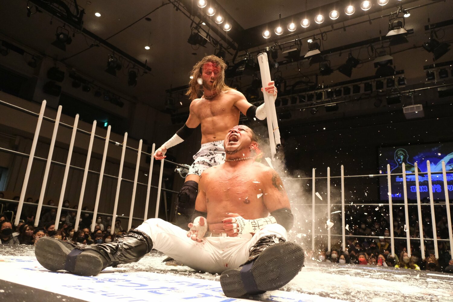 蛍光灯ごと葛西の背中にキックを直撃(画像をクリックすると「この記事の写真」に飛びます。流血等を含みますのでご注意ください)