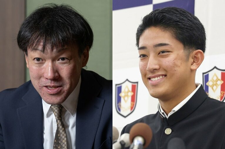 大学卒業後のドラフト会議で指名漏れを喫した後、MLBインディアンスでプレーした多田野数人氏（左）、「メジャー挑戦」を表明したが巨人からドラフト1位指名を受けた横浜高の織田翔希投手（右）　©Tatsuo Harada／JIJI PRESS